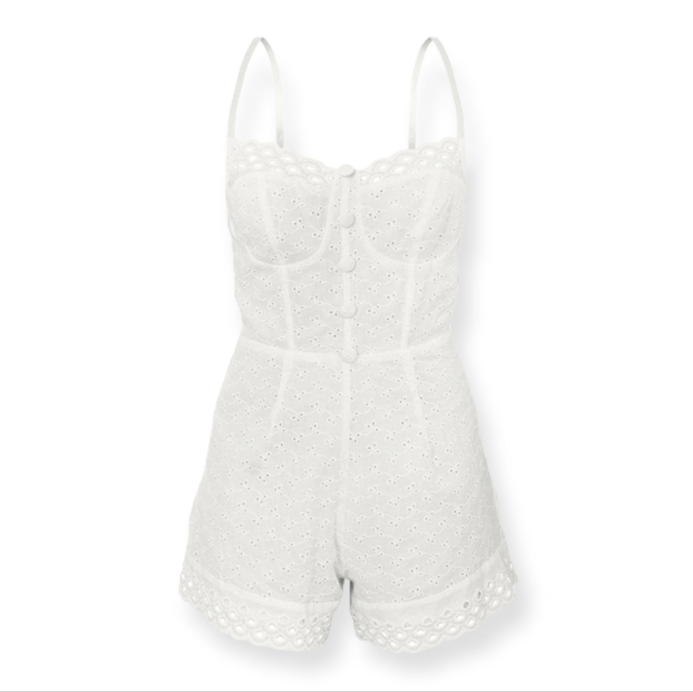 White Broderie Anglaise Button Detail Strappy Romper